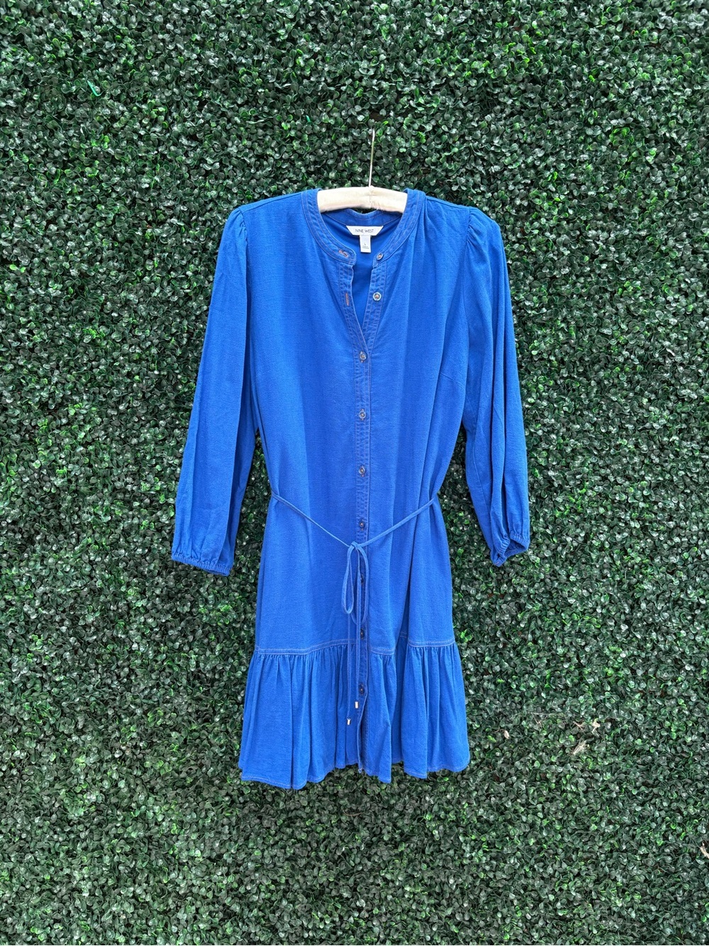 Nine West Cobalt Button-Front Tie-Waist Midi Dress long sleeve. Size L
